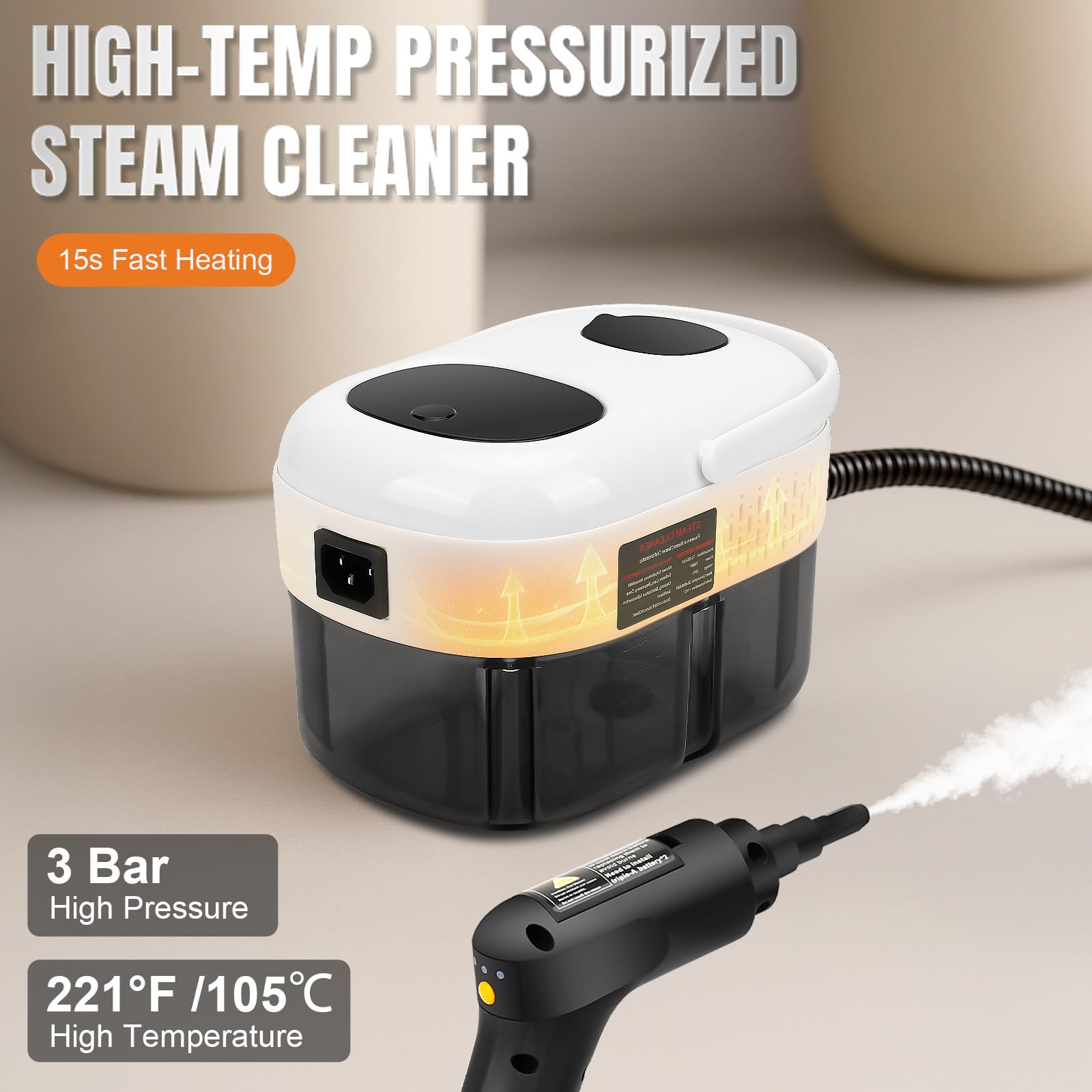 Limpiador a vapor de 2500W, Vaporeta Limpieza Hogar portátil con 1400 ml, limpiador de vapor a mano, 3 niveles ajustables, 15S calentamiento rápido, para limpiar Cocina, Baño, Ventanas