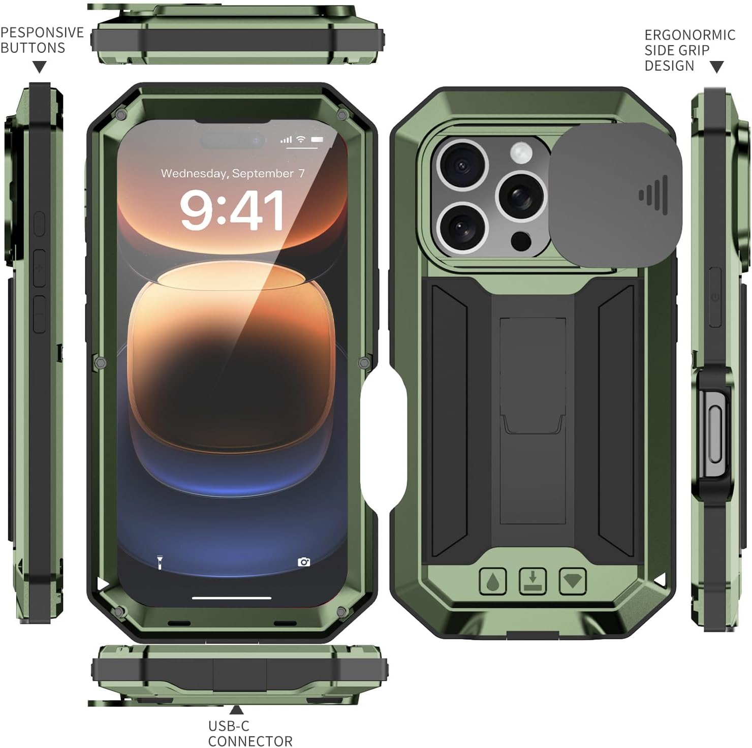 FW Compatible with iPhone 16 Pro Metal Case with Slide Camera Cover Built in Screen Protector Full Body Hybrid Case Kickstand Military Heavy Duty Armor Silicone Rugged Case for Man Woman (Green)