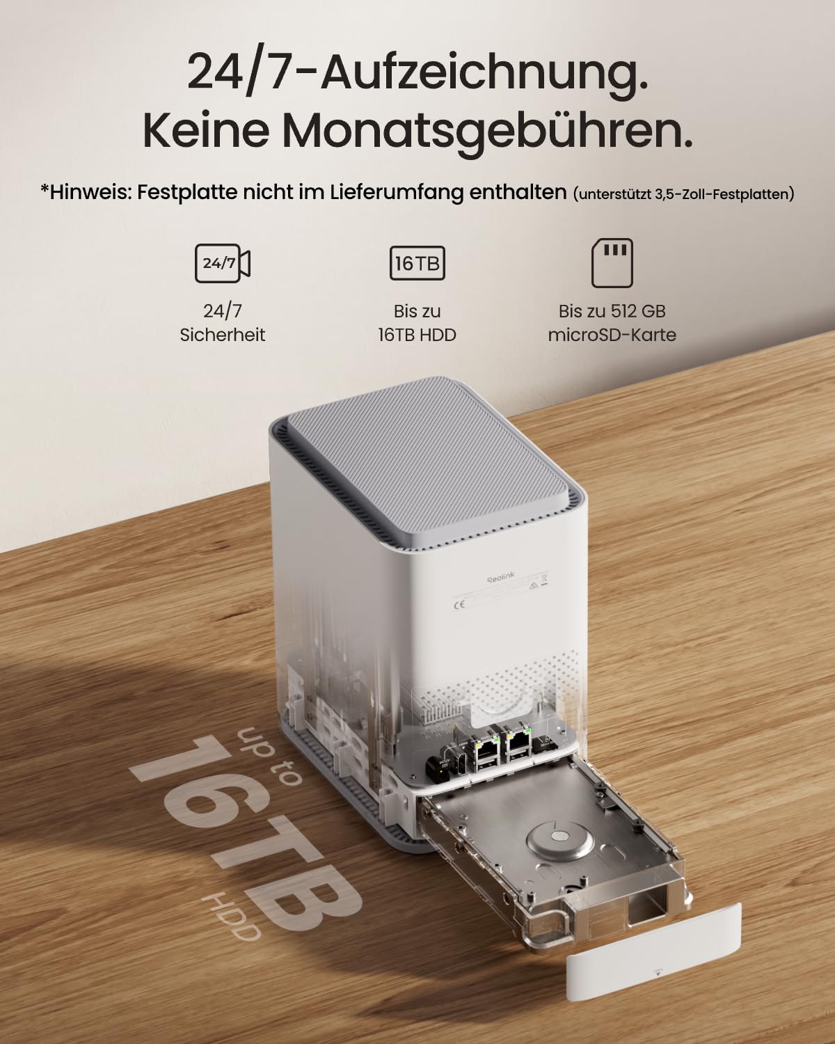 Reolink Lokalspeicher für Überwachungskamera, Bis zu 16TB HDD (Nicht inkl.) | 16MP Live-Ansicht, 2,4/5GHz Wi-Fi 6, Verschlüsselter & Erweiterbar Lokalspeicher, Ohne Abo-Gebühr, Smart Home-Kompatibilität