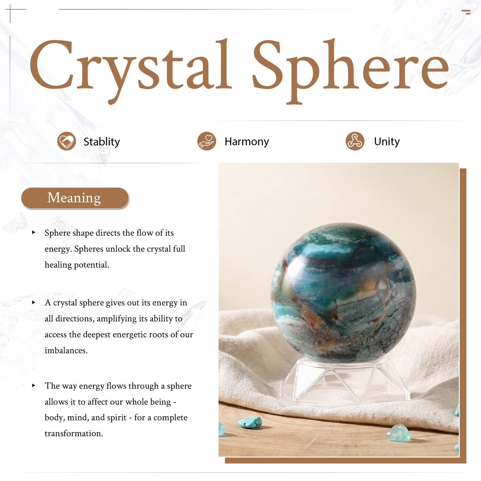 Nupuyai Sfera di cristallo di diaspro oceano con supporto in acrilico, scrying meditazione Feng Shui pietra di cristallo scultura decorazione casa ufficio 71-80 mm