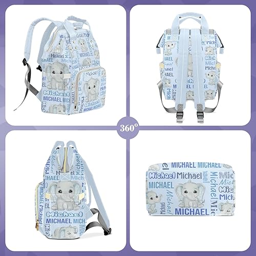 Miniatura 5 de Mochila de pañales personalizada con diseño de elefante lindo para bebé, mochila multifuncional con nombre personalizado para recién nacido con