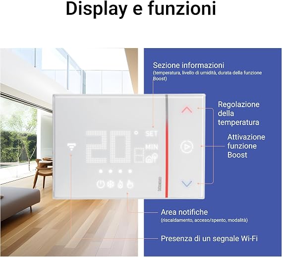 Bticino SXW8002W – Intelligent WiFi Thermostat Smarther2 with Netatmo, Wall Boiler Thermostat, Programmable, On/Off Control Also with App, Alexa and Google, Humidity Display, White