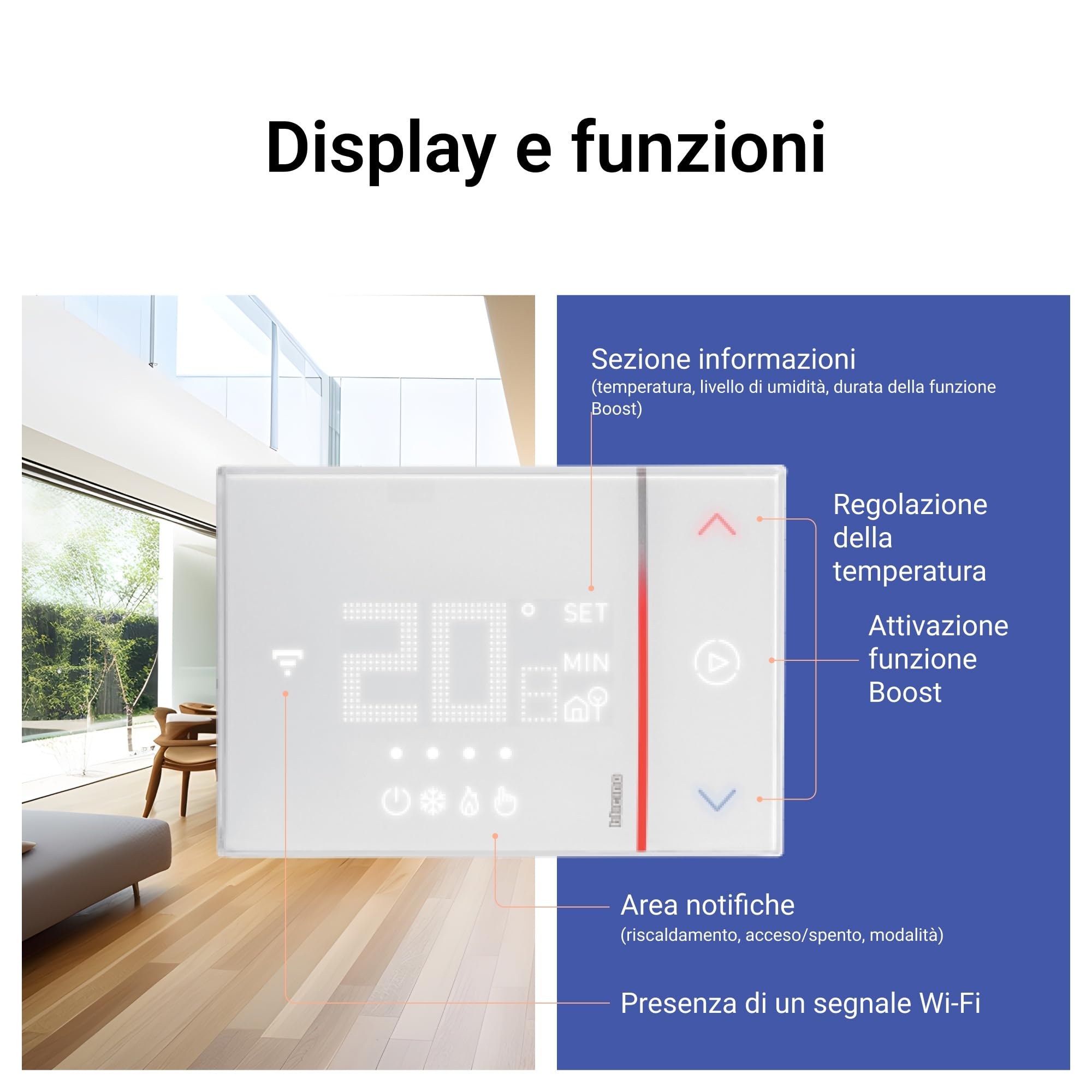BTICINO SXW8002W Termostato WiFi Smarther2 with Netatmo, Termostato Caldaia da Parete, Controllo anche da Remoto con App, Alexa, Google Assistant, Apple HomeKit, Programmabile, Risparmio Energetico