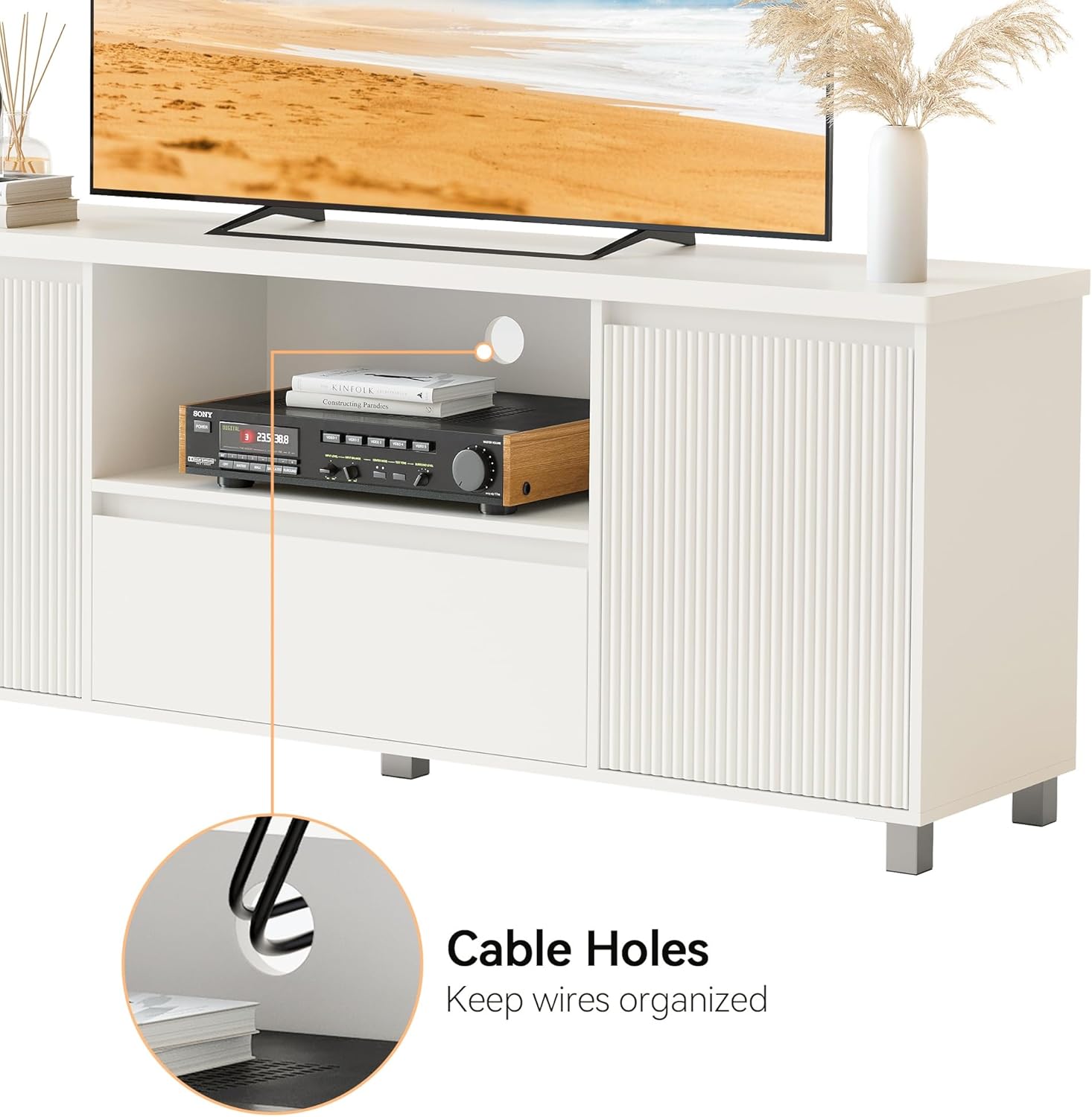 IDEALHOUSE 63in TV Stand for TVs up to 70", Fluted Entertainment Center with Storage Drawer and Open Shelves, Modern TV Console Media Cabinet for Living Room, Bedroom, White