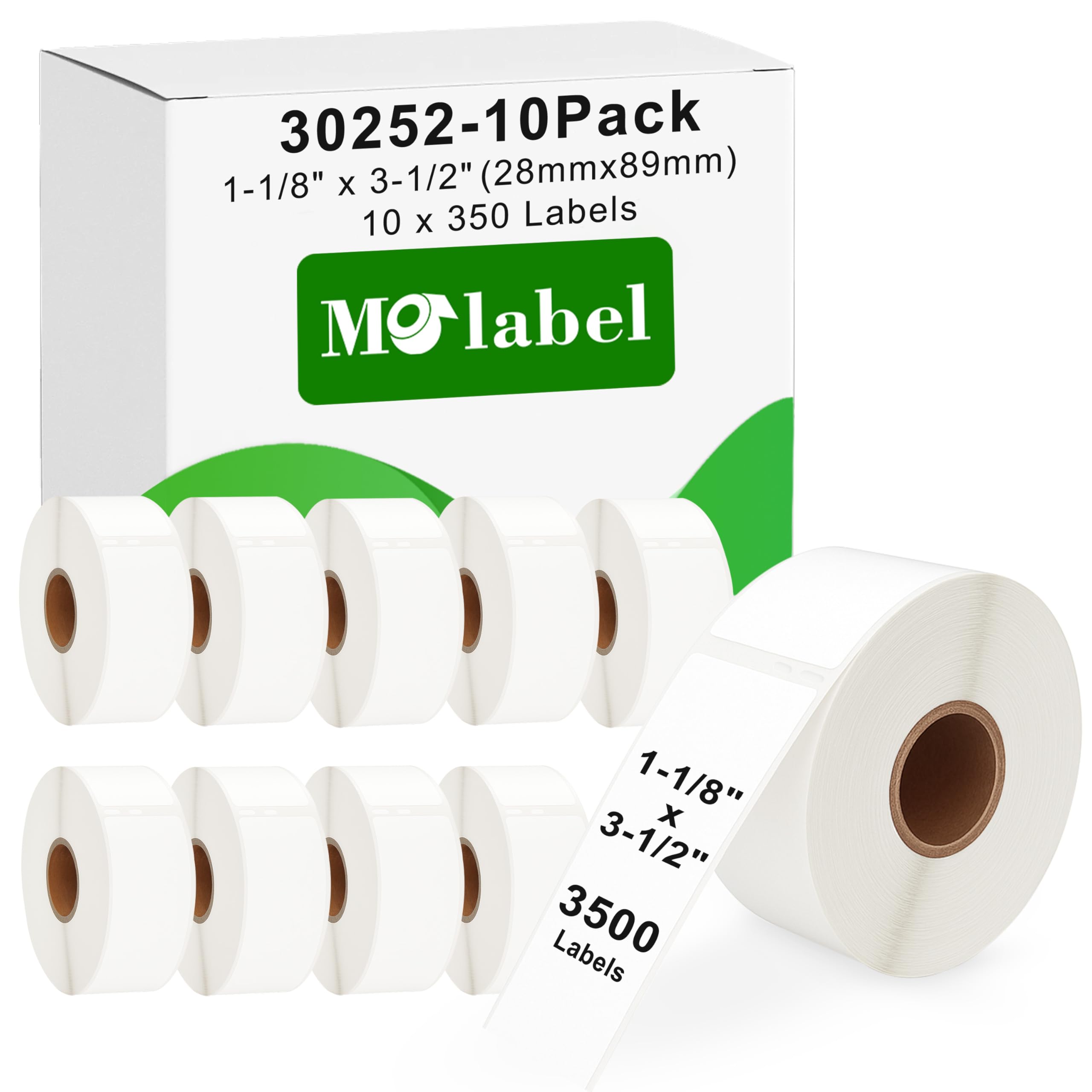 Molabel Address & Barcode Labels Replacement for DYMO 30252 (1-1/8" x 3-1/2") [10 Rolls/3500 Labels] Compatible with DYMO Labelwriter 450, 4XL & Zebra