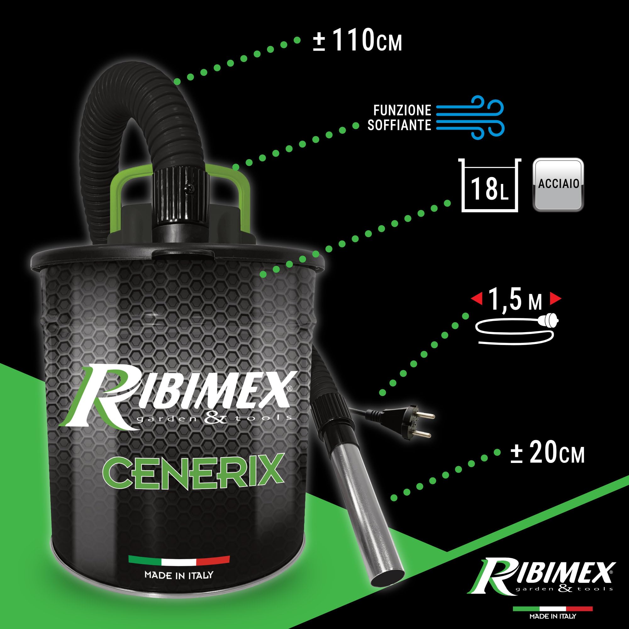 Ribimex Aspiracenere Elettrico Cenerix, con Funzione Soffiante e Filtro HEPA Lavabile, Bidone da 18 L, Potenza 1200 W, Ideale per Aspirare Ceneri Fredde da Stufe, Caminetti e Barbecue - PRCEN003/1200