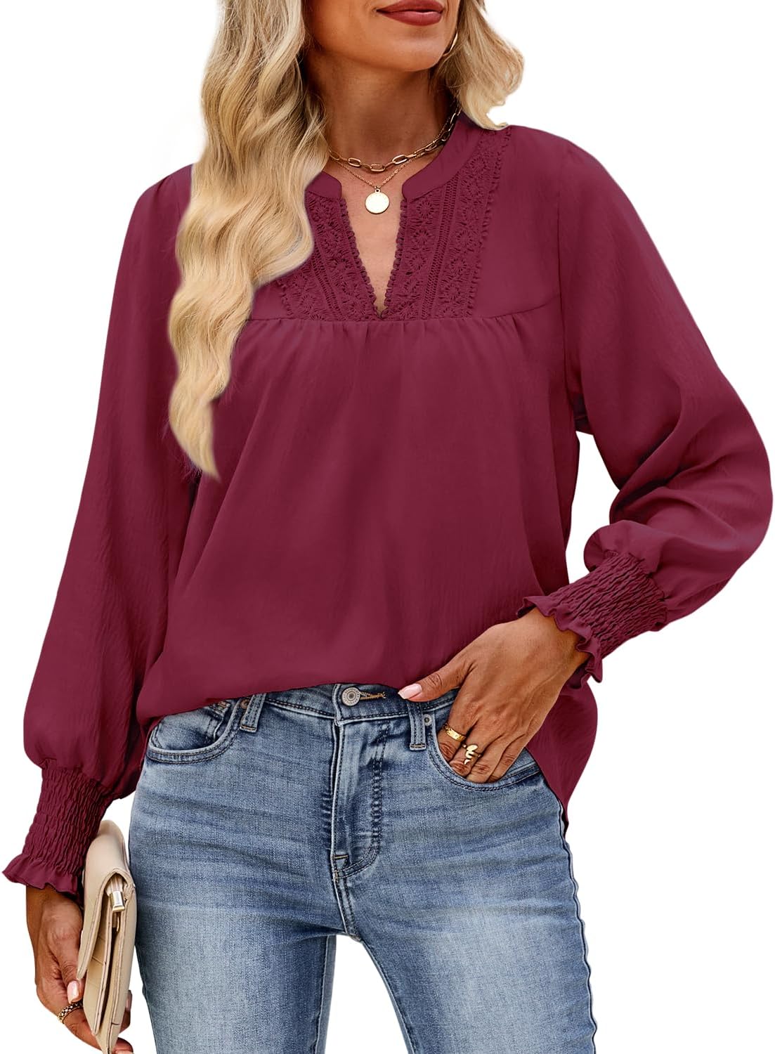 HEYTALALA Women's Puff Long Sleeve Shirts 2025 Fall Tops V Neck Casual Boho Work Blouses Dressy T Shirts