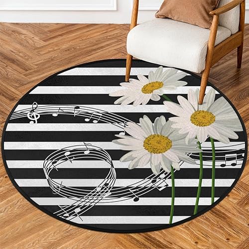 Miniatura 1 de Round Rug 3ft Daisy Music Note Stripes Background Circular Area Rug Washable Non-Slip Circle Rug for Living Room Bedroom Office Home Holiday Decor