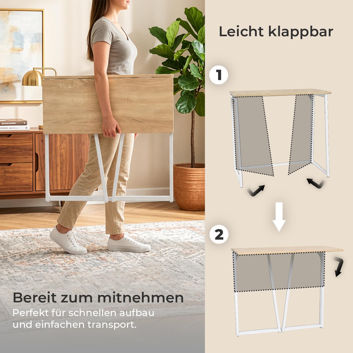 MEUBLE Cosy Computertische Faltbar Schreibtisch Kleiner Klappbar Laptoptisch PC-Tisch fürs Büro, Wohnzimmer, Homeoffice, Einfacher Aufbau, Eiche + Weiß