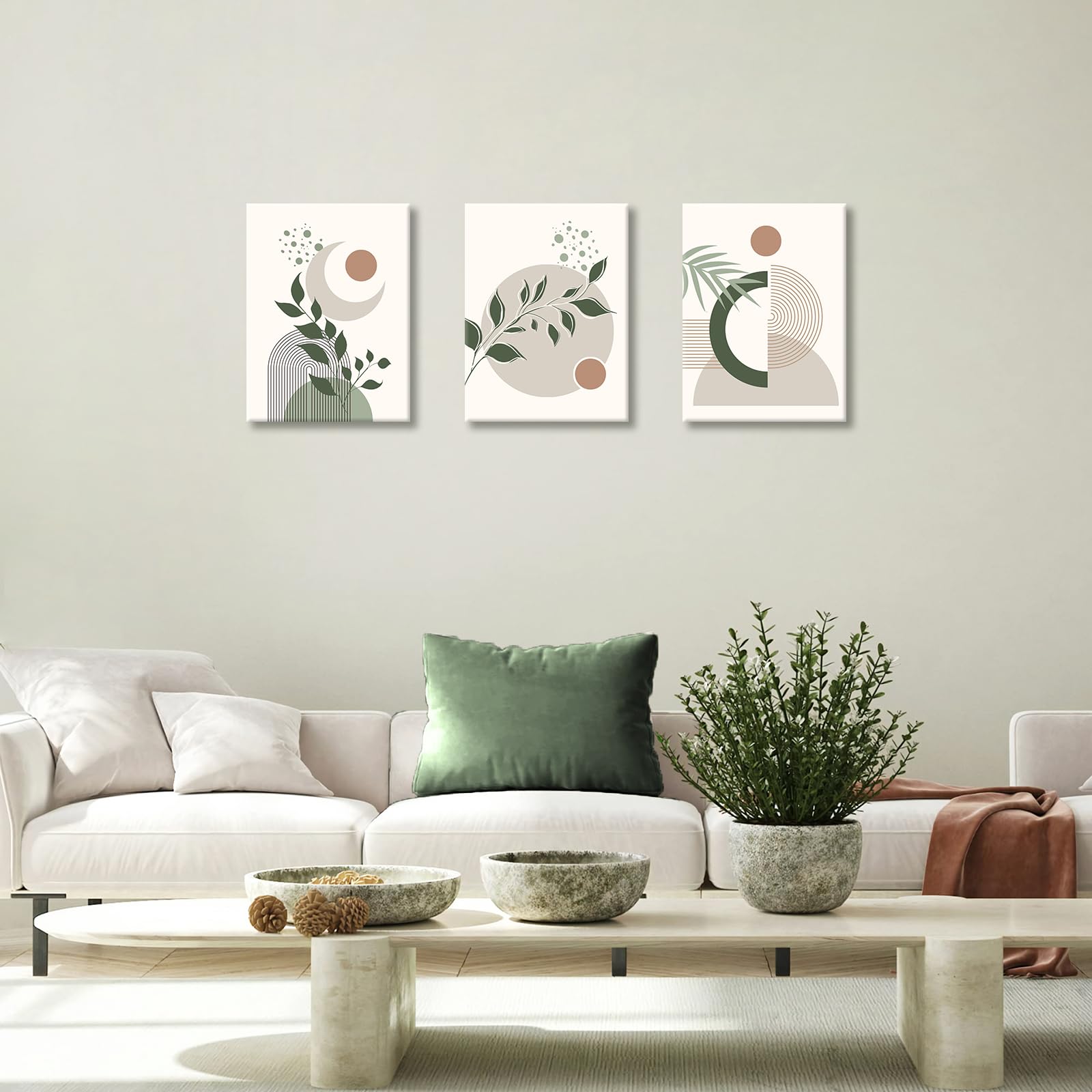 3Pcs Boho Framed Canvas Wall Art for Bedroom Modern Aesthetic Green Botanical Wall Pictures Mid Century Geometric Home Decor Canvas Painting Wall Decor for Living Room Office Ready to Hang 30x40cmx3 - Image 3