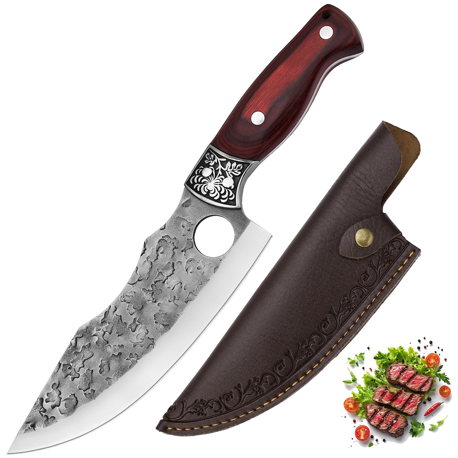 Doklasu Chef Knife 7 inch Japanese Style Kitchen Knife Hand Forged Full Tang High Carbon Steel for Cooking with Red Coloured Wooden Handle and Sheath