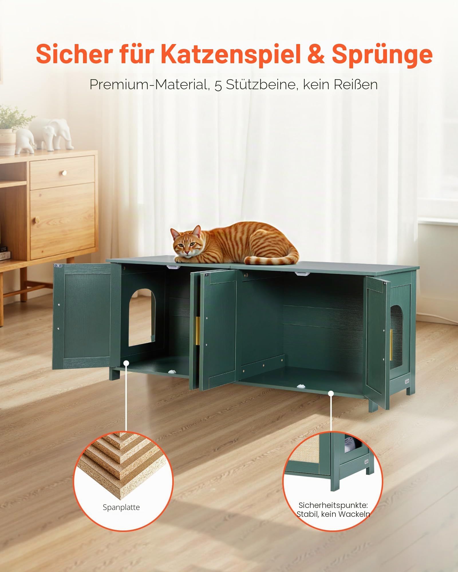 VEVOR Katzenschrank, 1200x450x500 mm, Katzentoilette mit 4 Rattantüren & 2 Eingängen, Katzenklo Schrank für den Innenbereich, Katzenhaus passend für die meisten Katzentoiletten, grün