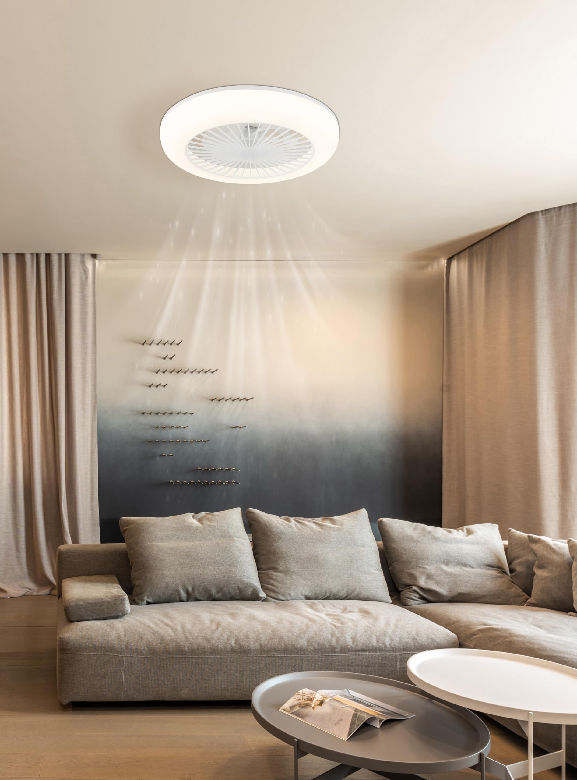 Deckenventilator Kunststoff weiß matt, Kunststoff transparent, Kunststoff opal, dimmbar, mehrere Stufen über Wandschalter, Farben fixierbar, Memoryfunktion, Nachtlicht, Timer, Fernbedienung, Batterie