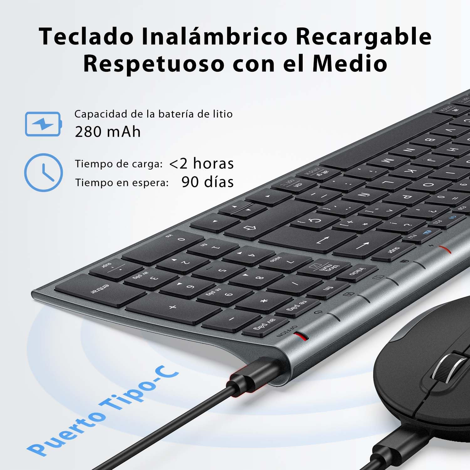 iClever GK03 - Combo de Teclado y Ratón Inalámbricos: QWERTY Español, Conectividad Silenciosa 2.4G, Recargable por USB-C, Diseño Compacto y Delgado - Ideal para iMac/PC/Portátil, Escritura Cómoda