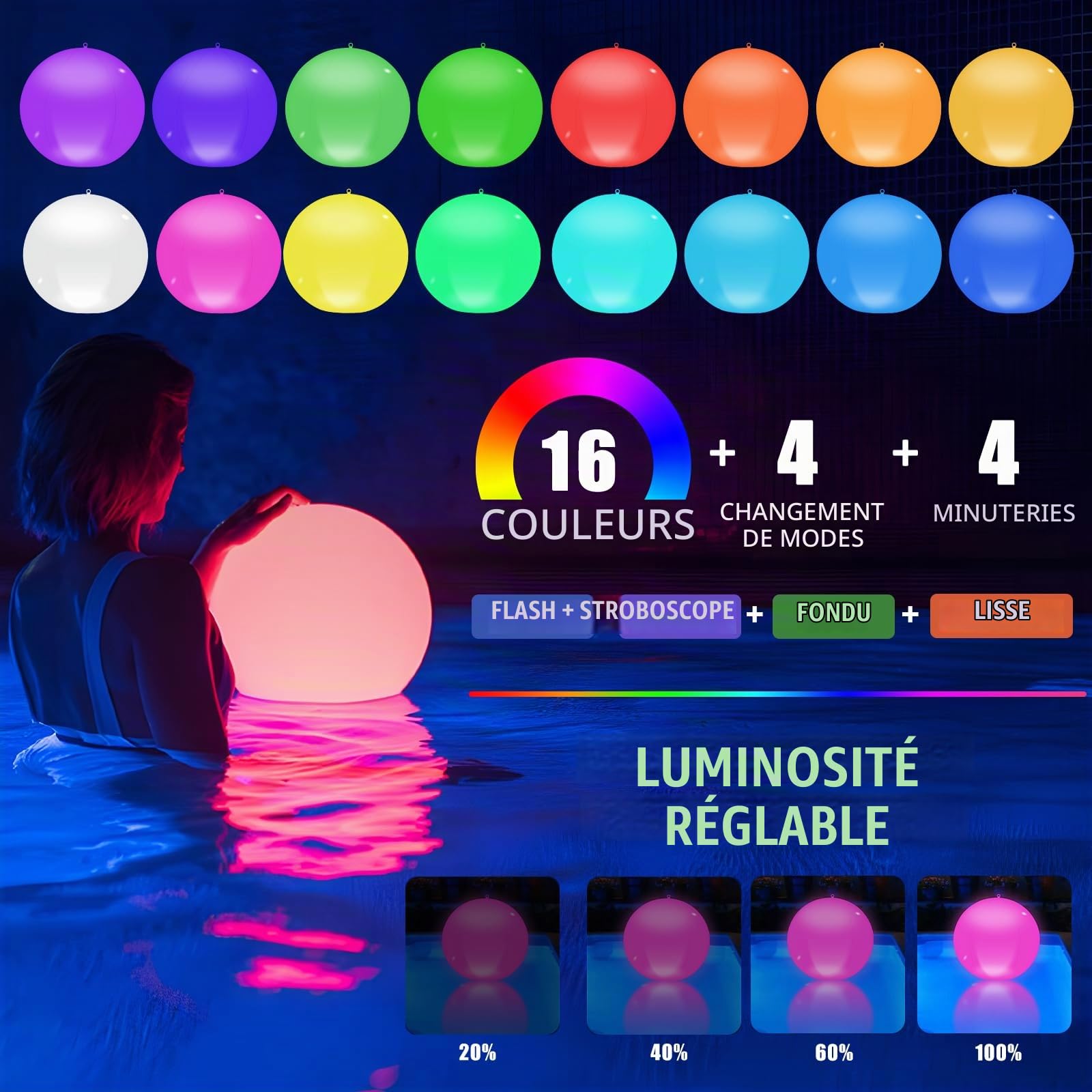 Lampe Solaire Flottante pour Piscine, 2 Pièces 13.4In LED Lampe Flottante Piscine Solaire, IP68 Solair Boule Lumineuse Piscine 16 RGB Solaire Lampe Flottante Sphère Lumière Pour Jardin Pelouse