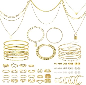 Gold/Silver Jewelry Set for Women Layered Bracelets Ball Dangle Hoop Earrings Stackable Knuckle Rings Set Dainty Adjustable Necklaces Valentine Anniversary Trendy Party Costume Accessories Jewelry