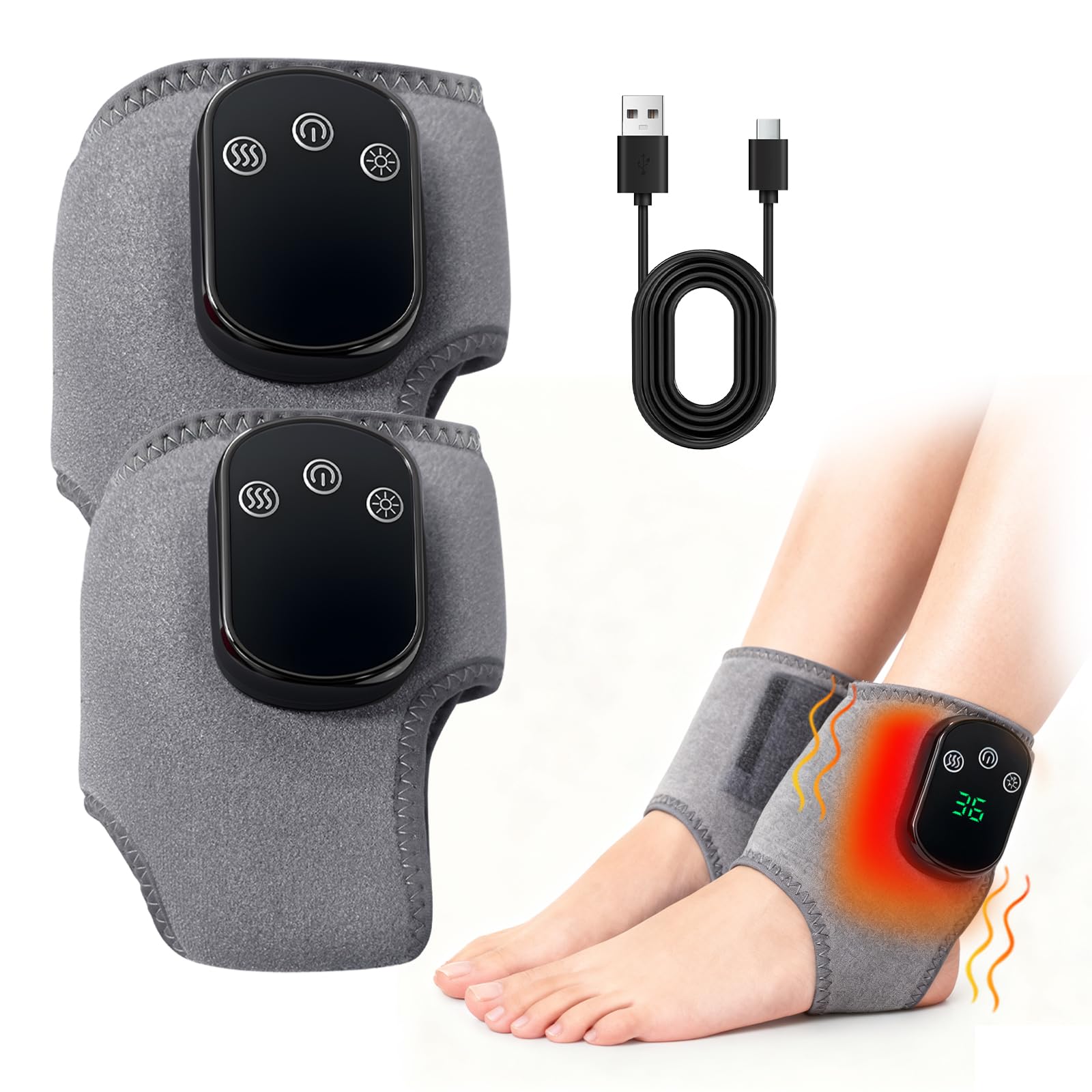 Foot Massager, Wireless 3-in-1 Foot Revive Massager with 3 Vibration Modes & 5 Heat Levels, Portable Heated Ankle Wrap for Both Father and Mother (2pcs)