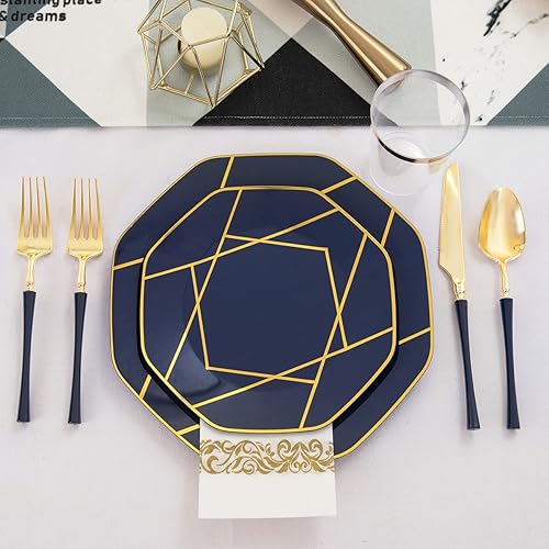 Miniatura 4 de PULOTE 140 platos de plástico azul – Platos octogonales de cena y postre con borde dorado, cubiertos, tazas y servilletas para 20 invitados, ideal