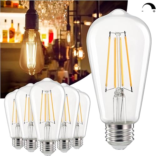 Linkind Bombillas Edison equivalentes a 60 W, bombillas LED Edison vintage E26 regulables ST58, bombilla LED de filamento decorativo antiguo, 6 W