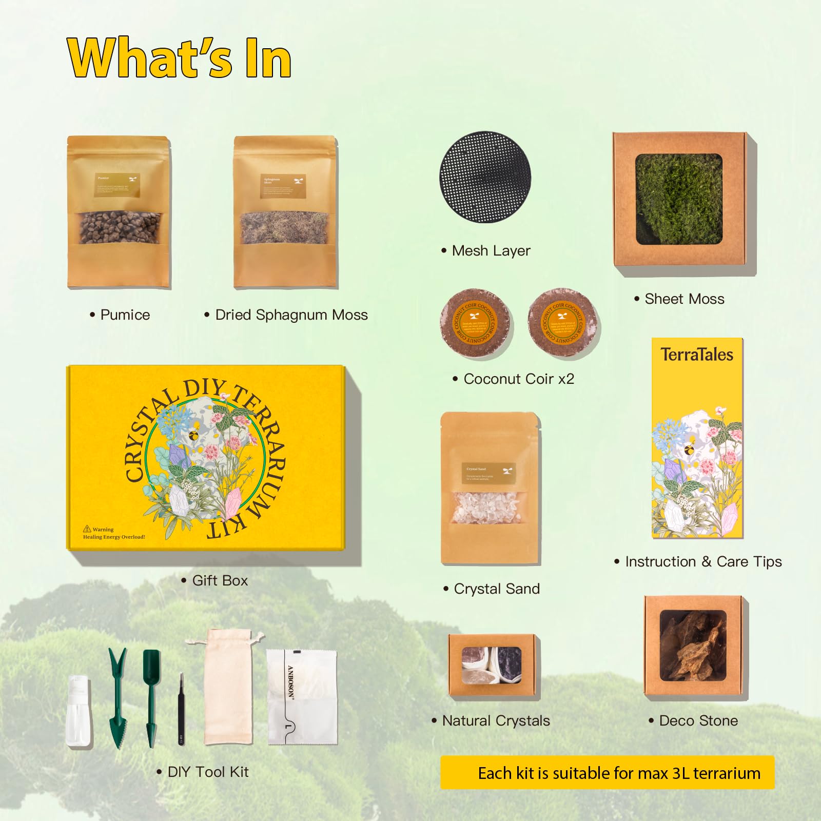 Kit de terrario de cristal para hacer tú mismo - Kit de inicio todo en uno de 21 piezas con musgo preservado, piedra pómez, cristales, fibra de coco, herramientas y decoración | Regalo curativo para