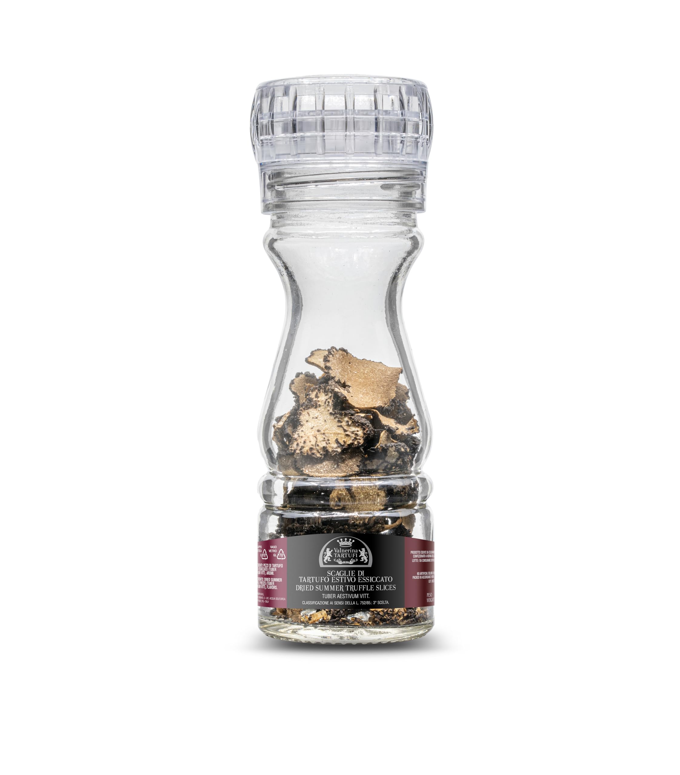 Valnerina Tartufi Scaglie di Tartufo Nero Estivo a Fette Essiccato con Tappo Macina | Condimento Gourmet Pronto all'Uso | Barattolo con Macinino 10 gr.