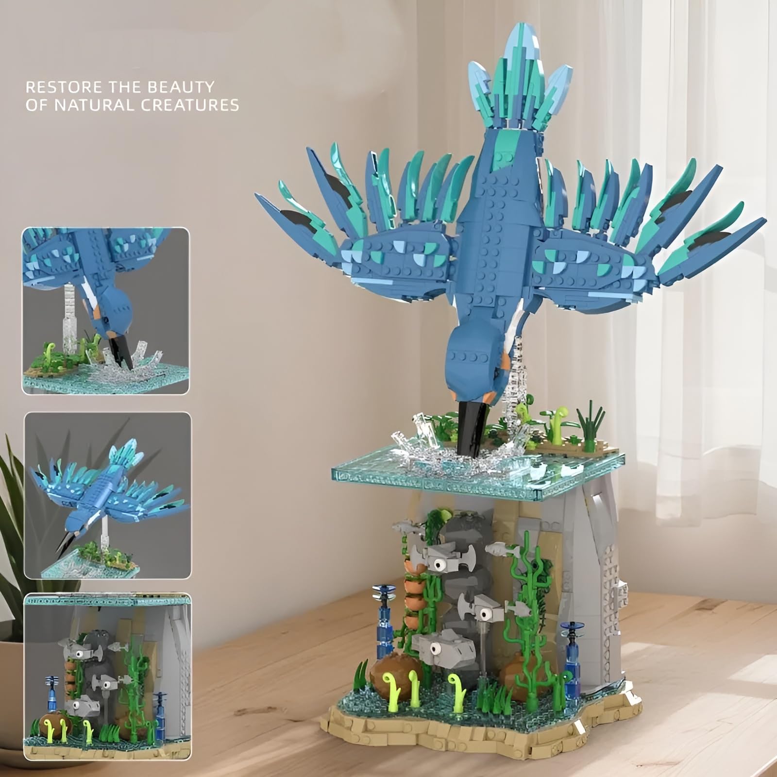 Eisfischer Tauch Meeres Tier Bausteine Satz, 1310 Teile Kreative Vogel Modell Spielzeug mit Anzeige Stand, Meeres Leben Vogel Szene Bauklötze Kit, Ideen Geschenke für Tierliebhaber Teens Erwachsene