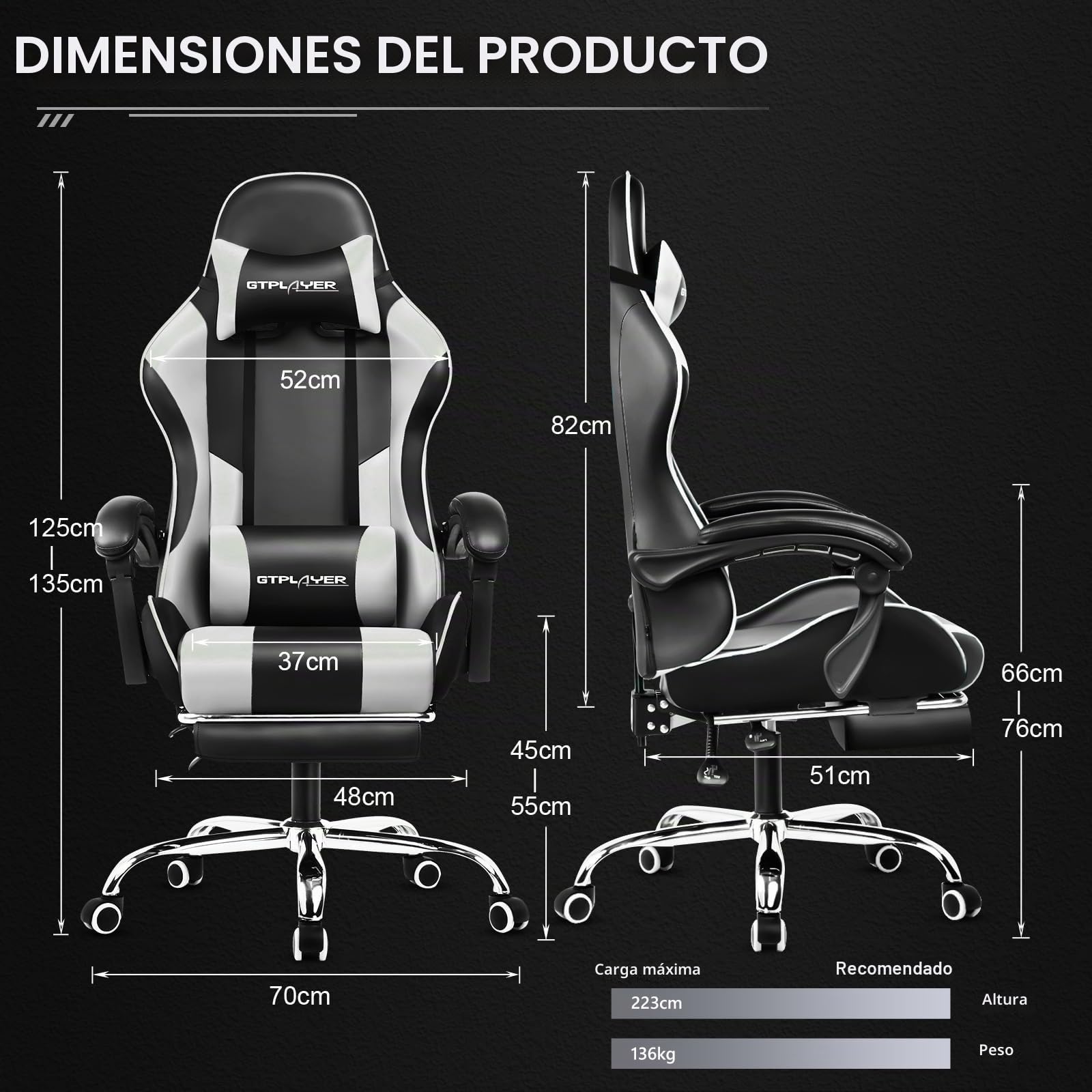 GTPLAYER Silla de Videojuegos ergonómica para Masaje con reposapiés y Soporte Lumbar, Altura Ajustable, Asiento Giratorio de 360° y reposacabezas para Oficina, Color Blanco