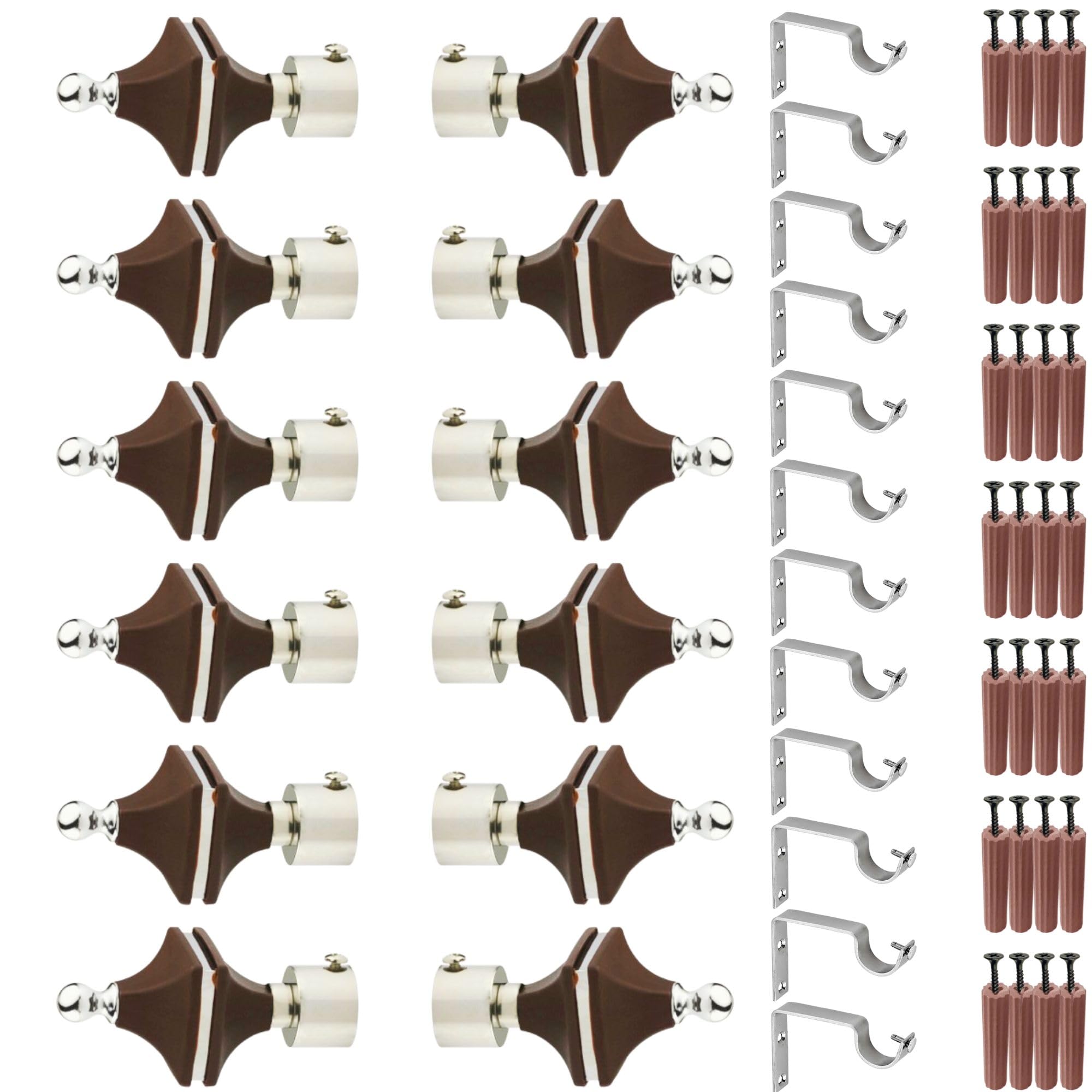 GRIVAN Stainless Steel & ABS Curtain Bracket Parda Holder with Support 1 Inch Rod Pocket Finials Designer Door and Window Rod Support Fittings, Curtain Rod Holder (Pair of 6 , Dark Brown )