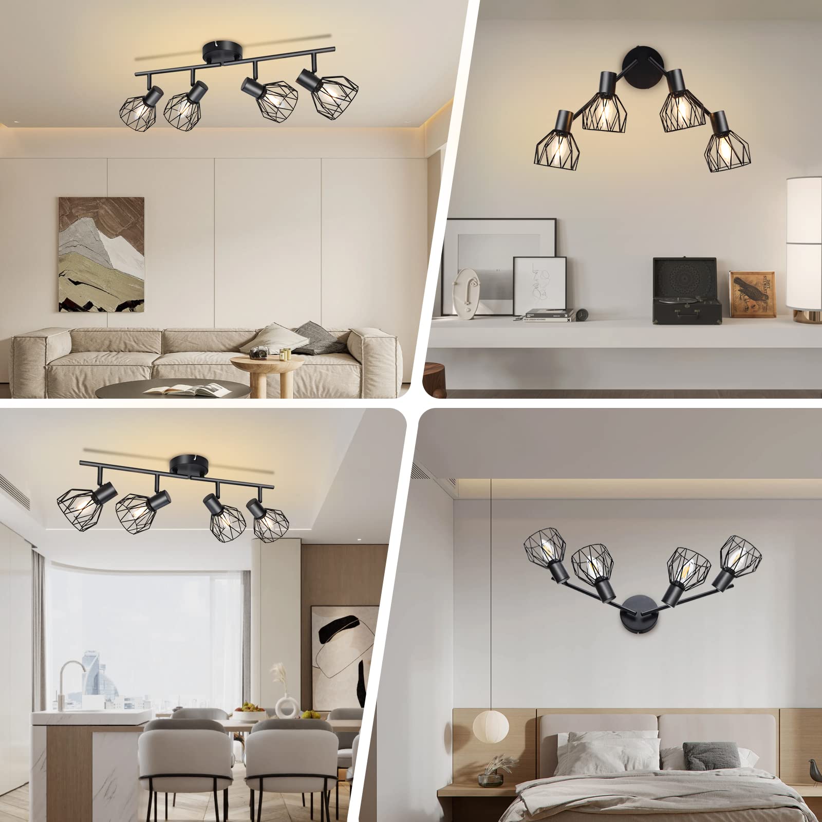KYOTECH Faretti da soffitto orientabili a 4 luci lampada da soffitto Plafoniera LED Attacco E14,Per 4 lampadine E14 non incluse,Faretti Orientabili Parete Nero per Soggiorno e camera da letto