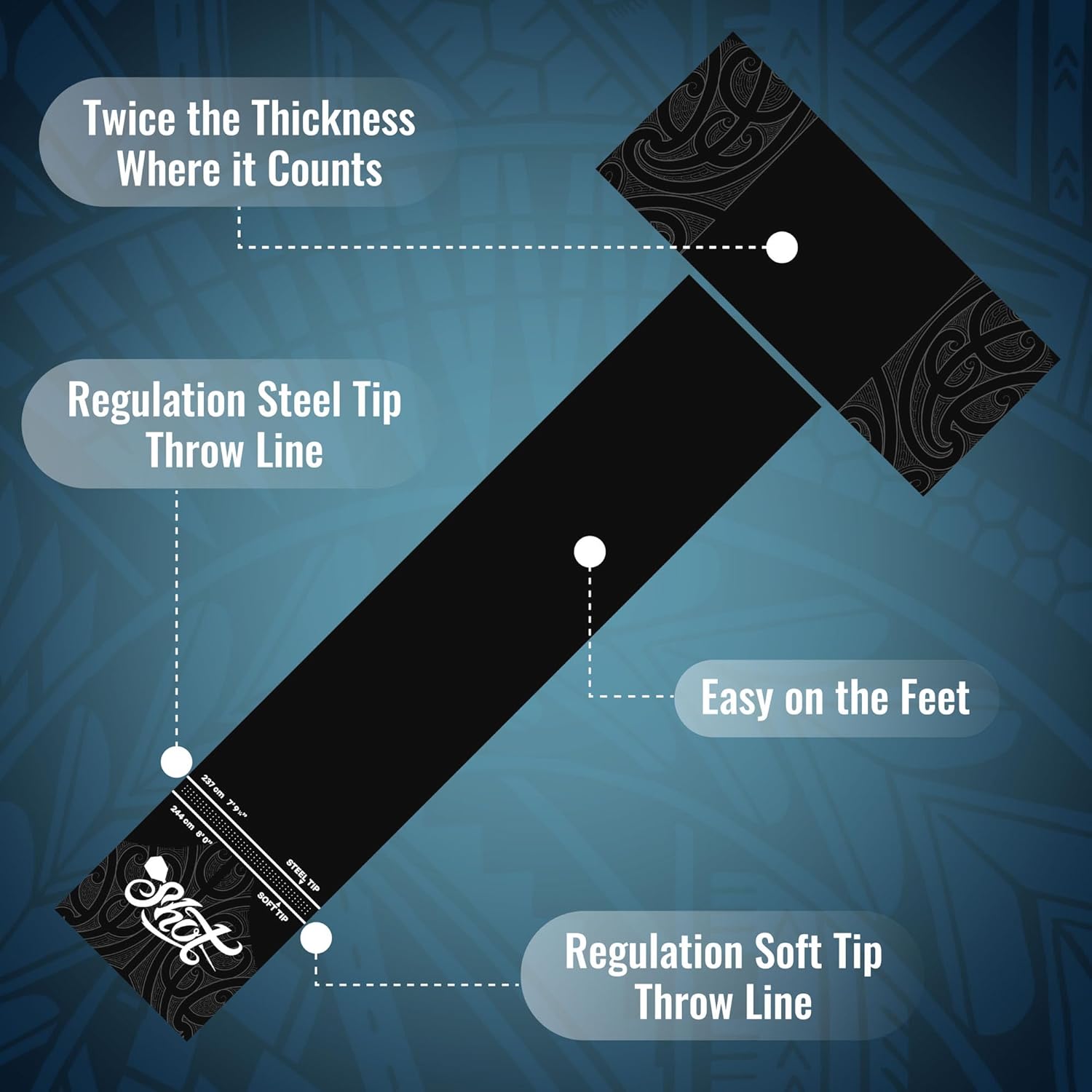 Shot! - T-Shape Rubber Darts Mat - Enhanced Floor Protection from Bounce-Outs - Heavy-Duty Rubber - Easy Set Up & Roll Up - Dart Board Floor Protector - Black