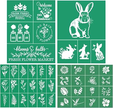JAJADO 4 Pcs Flower Animal Farmhouse Silk Screen Stencils Reusable Adhesive Stencils, Spring Easter Farm Fresh Plant Paint Chalk Paint Stencil for Wood Burning/Canvas/Fabric/Ceramic/DIY Home Decor