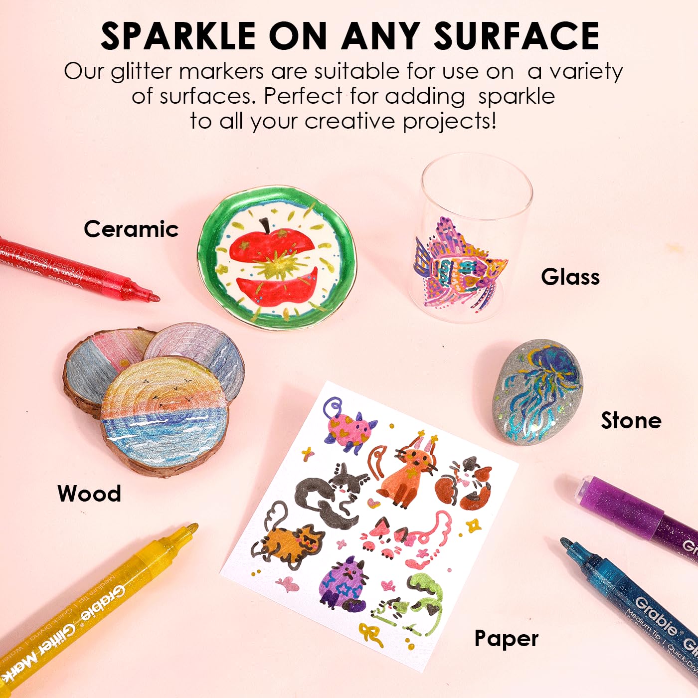 Grabie 24 Glitter Metallic Markers, Medium Tip Glitter Acrylic Paint Markers, Quick-Drying Water-based Ink Glitter Pens for Adults, DIY Crafts Making, Set of 24: Medium Tip 24 Colors Pack of 24