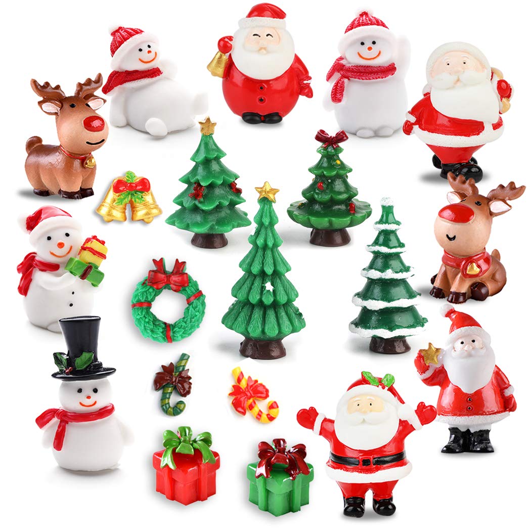 JUSTDOLIFE Christmas Micro Landscapes:20 Pack Xmas Miniature Figurines Santa Claus Snowman Christmas Tree Reindeer Gifts Mini Resin Landscape for Xmas Home Party Cake Toppers Decor