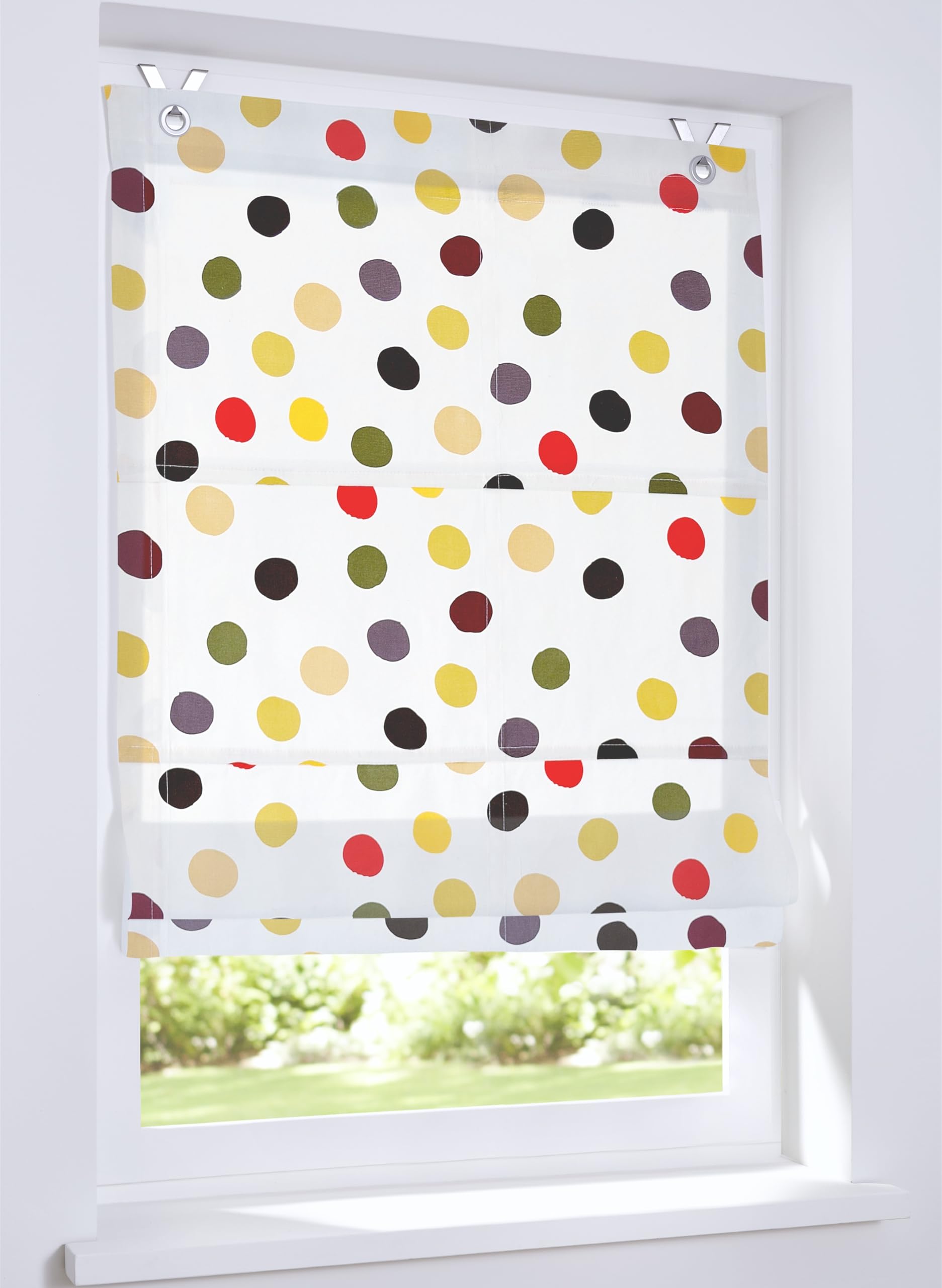 Tenda a rullo con occhielli, motivo a pois colorati, in 100% cotone, opaca e filtro della luce, dimensioni: 100 x 120 cm