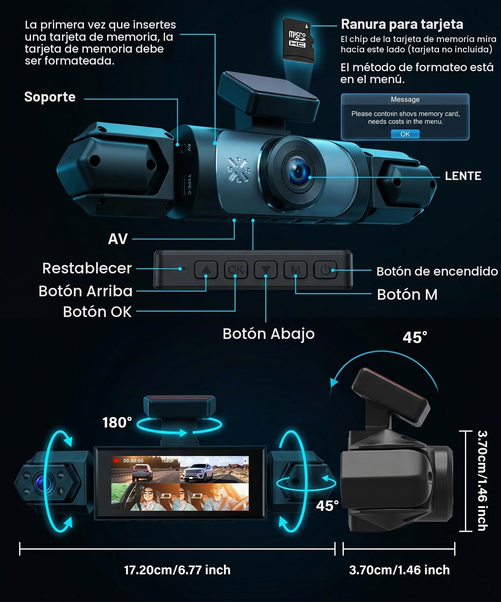 Rimoody 360° 4 Canales Dashcam para Coche, 4 1080P Delantera y Trasera Izquierda Derecha, 3.16 Pulgadas Dash CAM 1080P con Visión Nocturna IR/Vídeo en Bucle/24H Monitor/Asistencia de Estacionamiento
