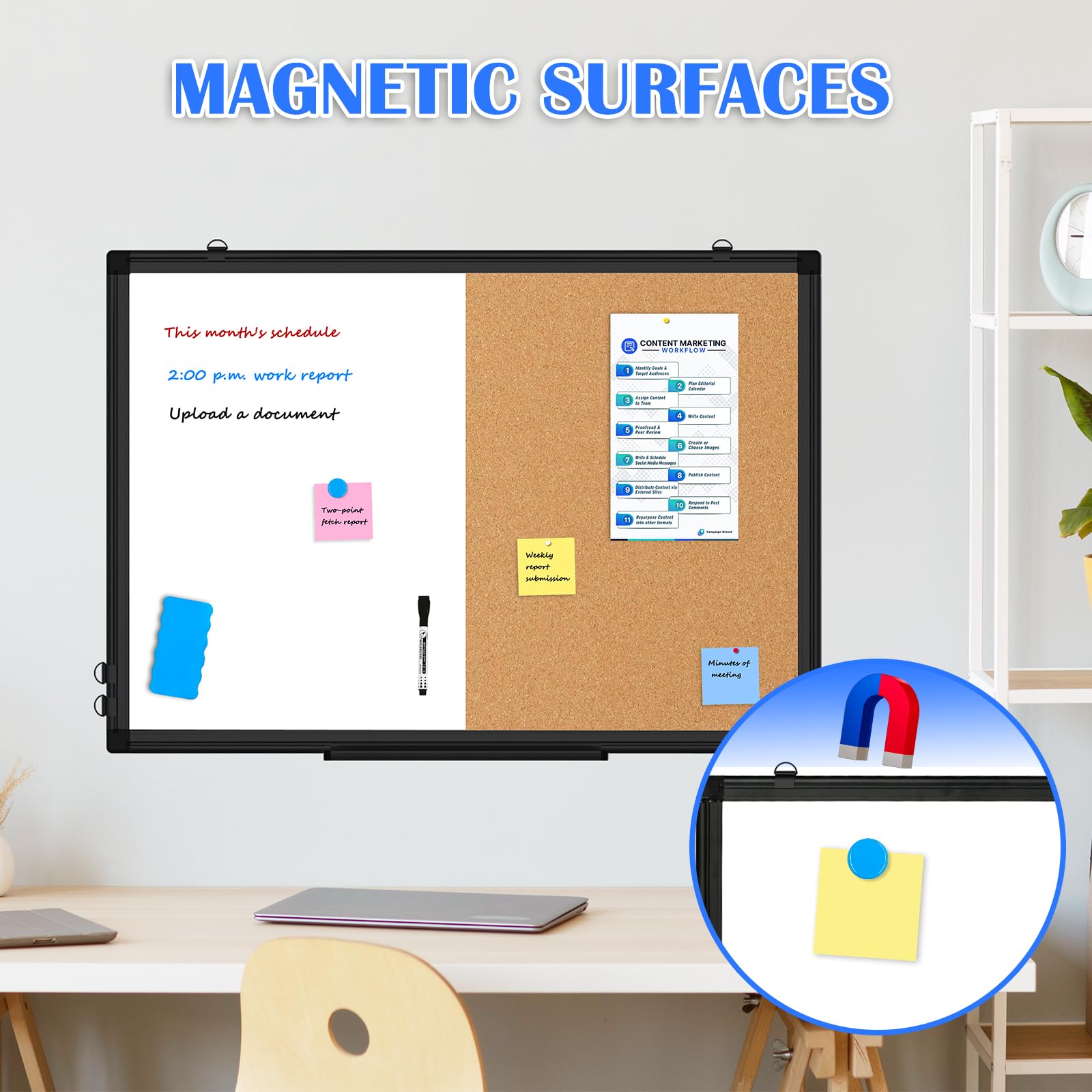 WALGLASS - Juego de pizarra blanca magnética de corcho y borrado en seco para pared, pizarra blanca y corcho con marco de aluminio, para el hogar, el aula, la oficina