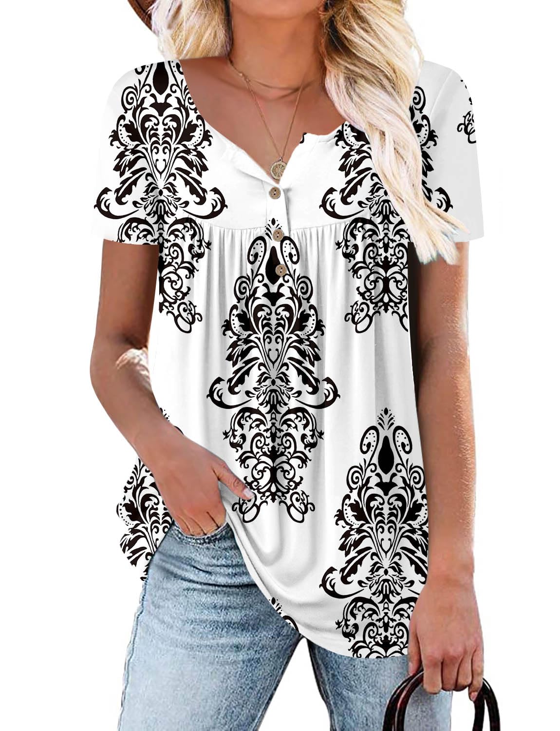 KISSMODA Ladies Pleated Tunic Tops for Women Buttons up Long Sleeve Shirts Floral Print — view 25