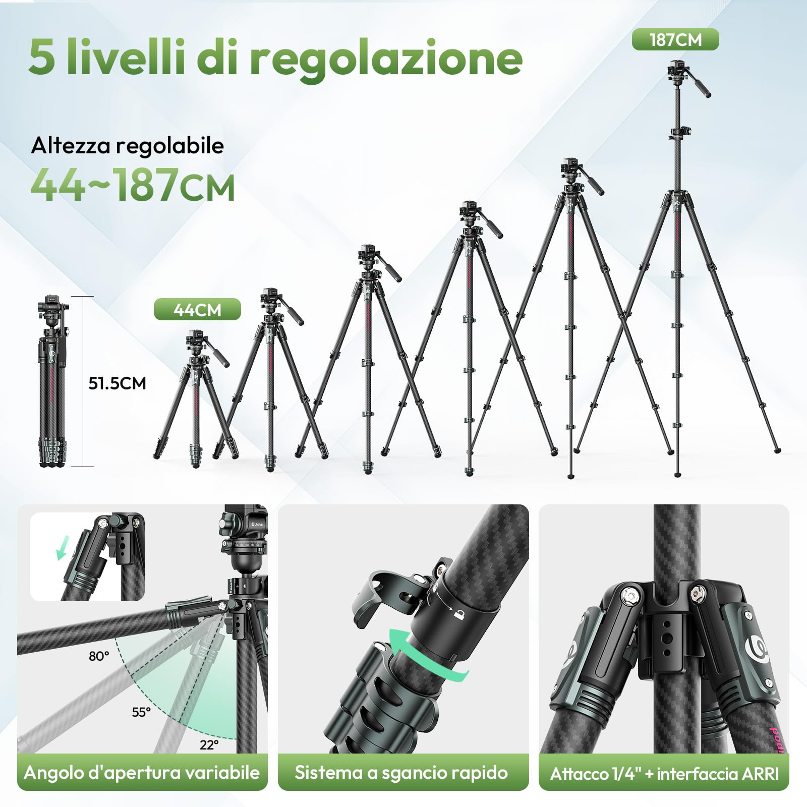 Ulanzi JJ06 GlideGo Treppiede da viaggio in Fibra di Carbonio, Pan&-50°/+60° Tilt Pan, Pesa 1.76kg, Portata 18kg, Altezza 187cm, Uka quick release, Compatto cavalletto fotografico per DSLR/Mirrorless