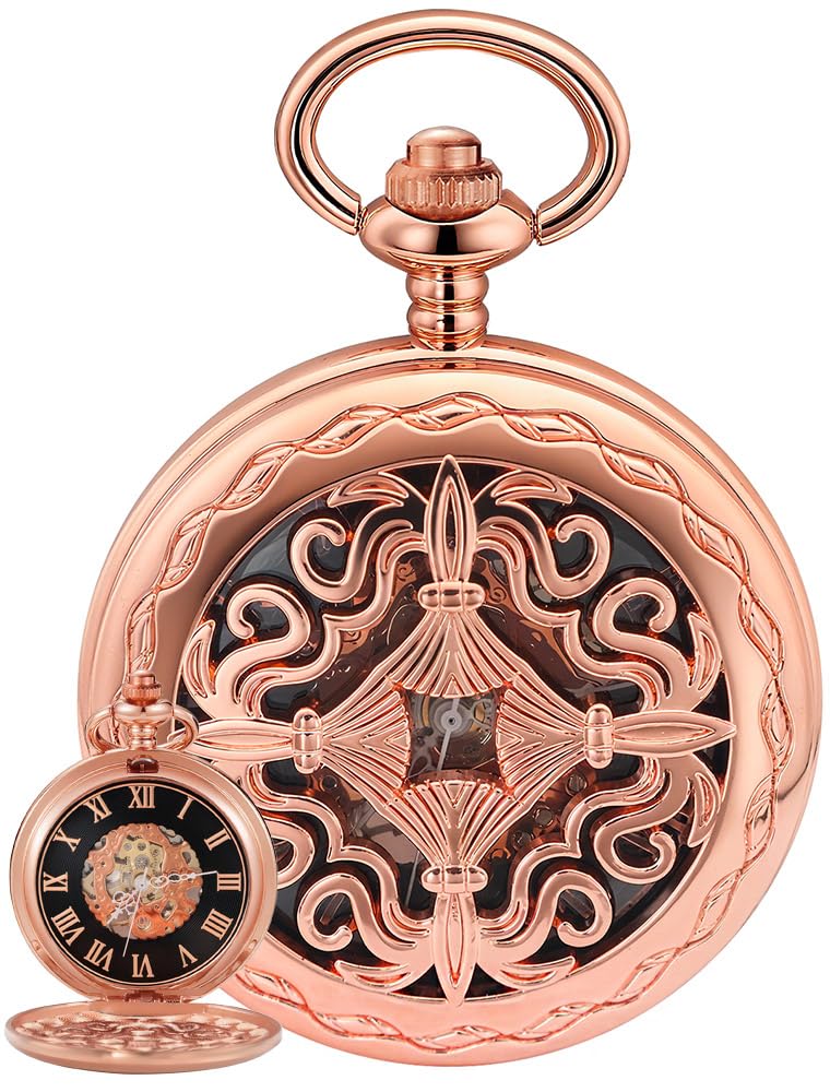 Rose Gold Roman Numerals Design Mechanical Pocket Watch Mens Retro Chain Clock Mechanical Hand Winding Antique Timepiece Male-image-29
