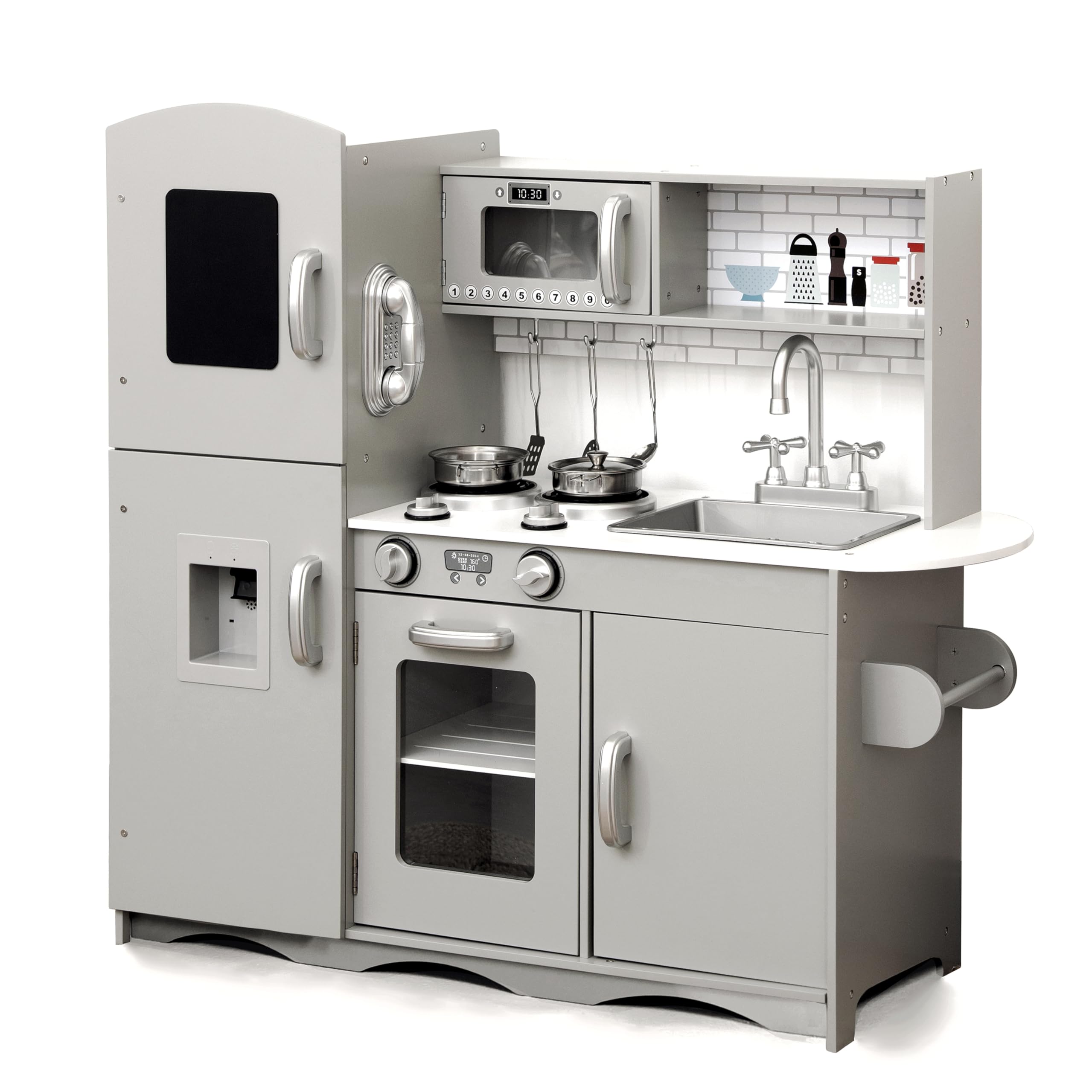 KIDOZ Wooden Toy Kitchen, Large Pretend Play Kitchen With Realistic Oven, Microwave and Sink With Taps, Kitchen Playset with Sounds and Lights For Kids (New Grey (Kitchen with Utensils)