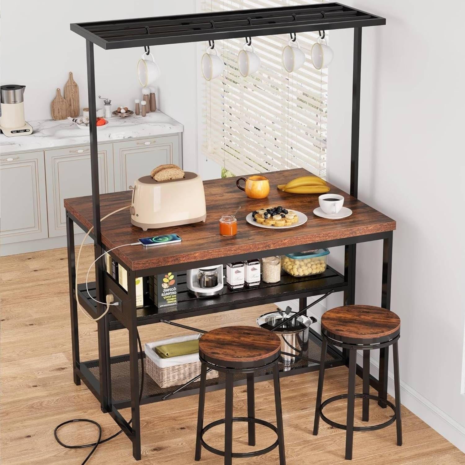 47" Kitchen Island Bakers Rack with 3 Tier Shelf and Hooks Black Modern Contemporary MDF Natural Finish Open Storage