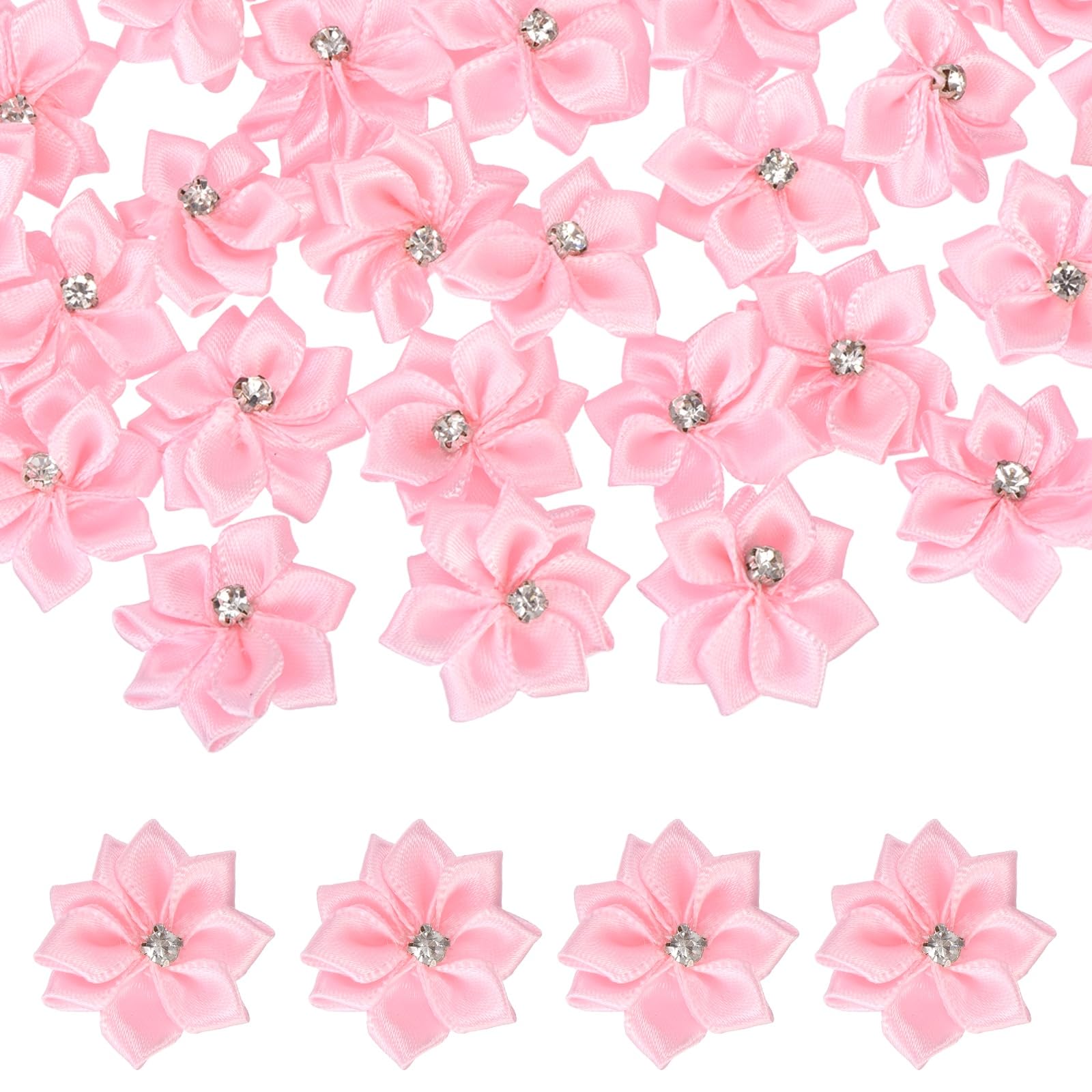 sourcing map 100 Pcs 1.2 Inch Satin Ribbon Flowers Bows Flowers Applique Floral Embellishments for DIY Crafts Sewing Clothing Hair Bow Wedding Decor, Pink