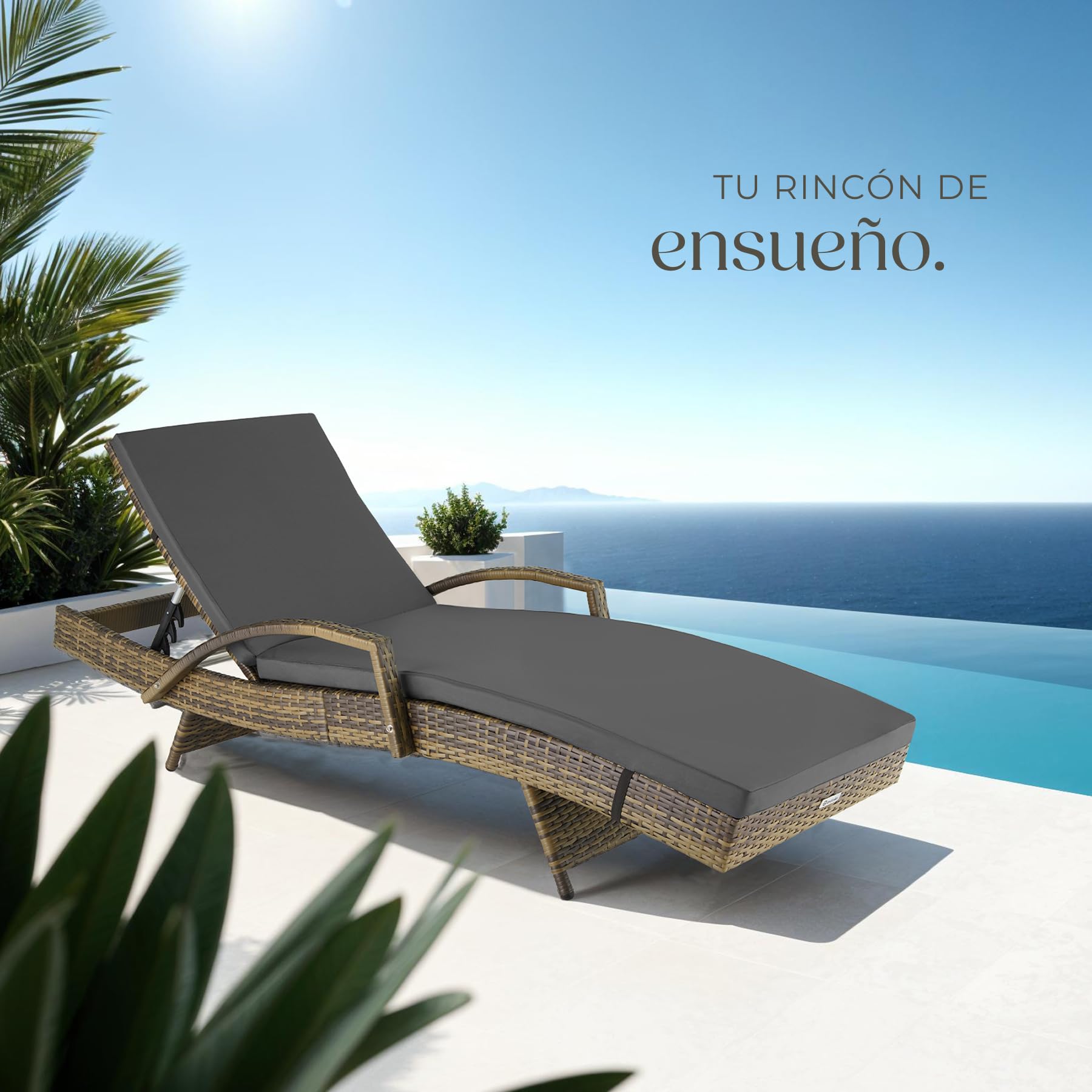 tectake® Tumbona Jardín Exterior de Ratán y Aluminio, Tumbona de Piscina con Respaldo Regulable en 5 Posiciones, Tumbona de Playa Impermeble y Resistente a Intemperie, Fácil Limpieza - Natural