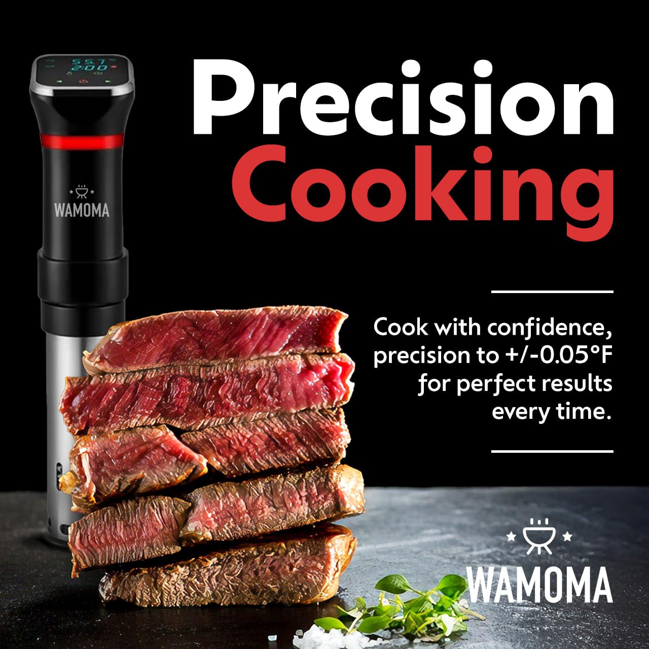 Sous Vide - Precision Cooker with Immersion Circulator & Free Cookbook, 1100W Ultra-Quiet Motor, IPX7 Waterproof, Smart Chip Technology, Perfectly Cooked Meals, Universal Clip Design
