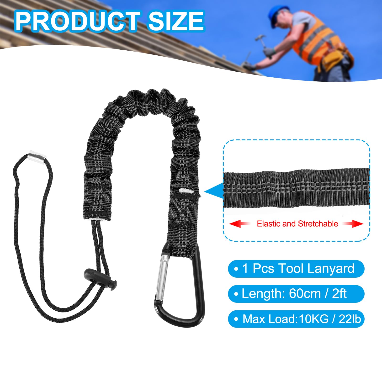 MECCANIXITY Retractable Tool Lanyard 2ft with Single Aluminum Buckle and Adjustable Loop End, Maximum Weight Limit 10KG / 22lb, Safety Fall Protection Tools Leash, Black