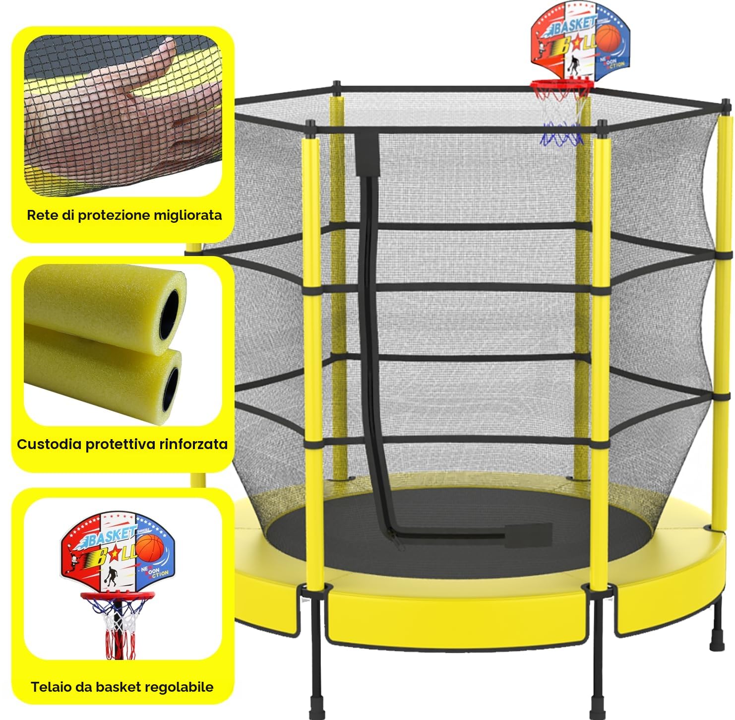 PILIN Trampolino Per Bambini Con Cesto, Trampolino Per Bambini All'Aperto ?145cm Con Molle, Rete Di Sicurezza Rialzata - Regali Di Compleanno Per Bambini e Bambine, Regali Di Natale