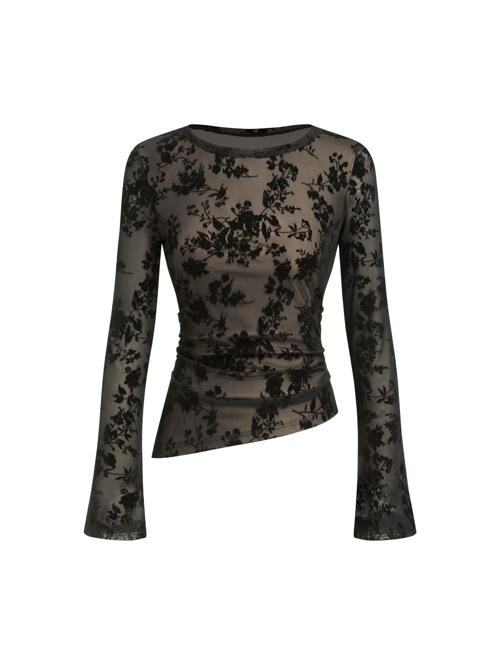 CIDER Damen Hemd mit U-Boot-Ausschnitt, Blumenmuster, beflockt, Netzstoff, ausgestellte Ärmel, enganliegendes Hemd | Beflocktes Stretch-Mesh für Herbst und Winter