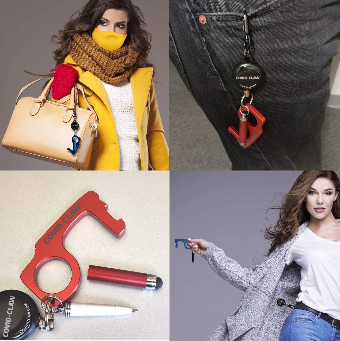 CovidClaw Deluxe – Hand Hygiene Anodized Aluminum Keychain Tool – 22” Expandable Hook Waist Clip WITH Stylus and Writing Pen – Great for not Touching Surfaces