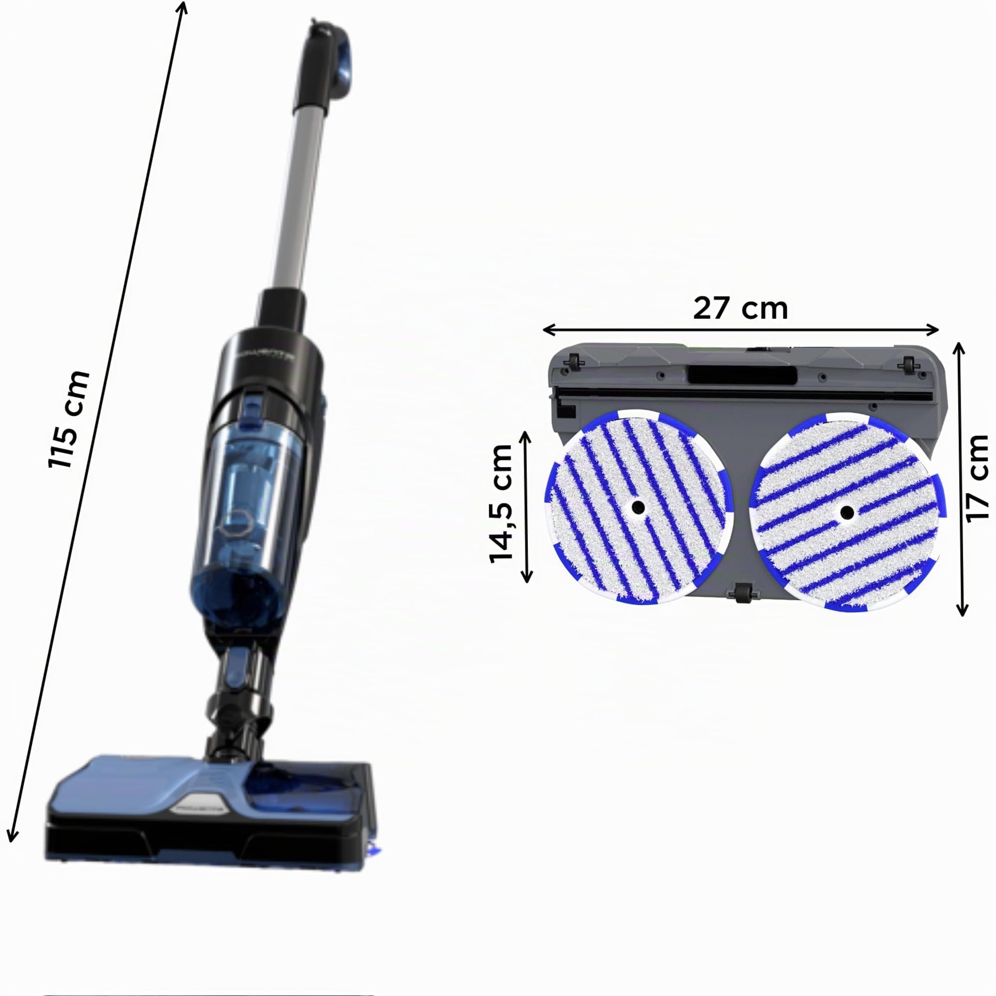 Rowenta X-Combo 2-in-1 Hybrid-Reiniger, Saugen und rotierendes Wischen gleichzeitig, 60 min. Autonomie, Ultra-leichtes Design, 3 Programme, einfacher freihändiger Moppwechsel, Blau-Schwarz, GZ3038