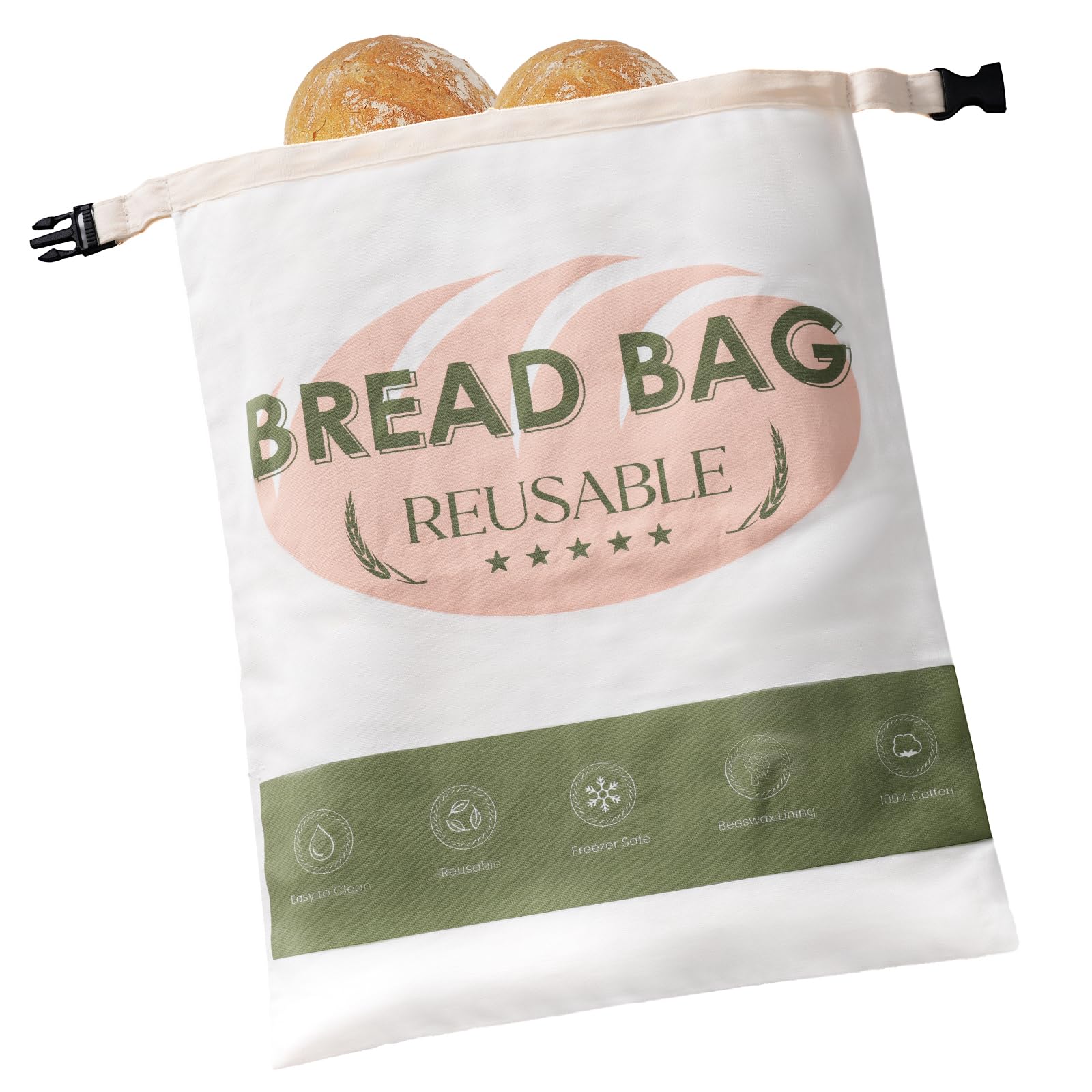 Meowoo Beeswax Bread Bags for Homemade Bread, Reusable Beeswax Bags for Sourdough, Cotton Waxed Bag with Buckle Closure, Keeps Fresh Longer Food Storage Bag, 43 x 32cm, Green